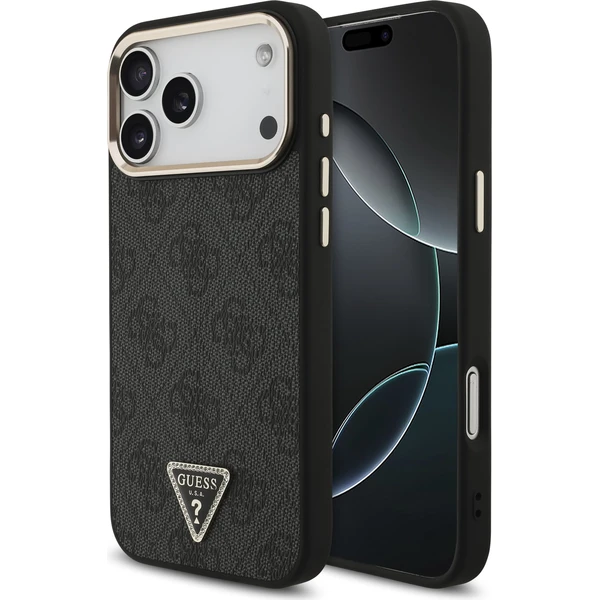 Guess PU Leather 4G Strass Triangle Logo Gold Frame MagSafe Zadný kryt pre iPhone 18 Pro Max Black - Puzdra - Hlavný obrázok