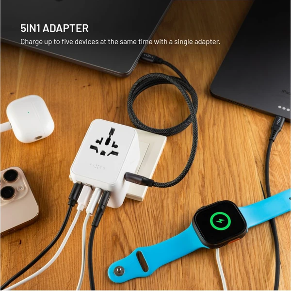 FIXED Voyager (70W) cestovný adaptér pre EU/UK/USA/AUS, 3xUSB-C a 2xUSB, GaN, PD biely - Nabíjačky - Obrázok 467f871d4a5a4668a051f17477af45c0