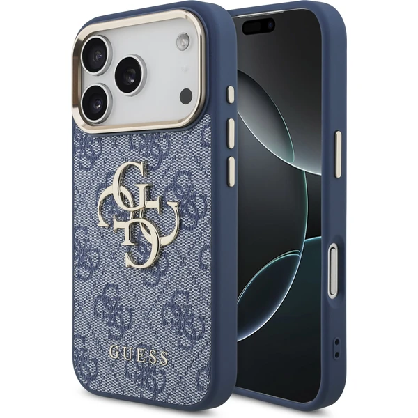Guess PU Leather 4G Metal Logo Gold Frame Zadný kryt pre iPhone 18 Pro Blue - Puzdra - Hlavný obrázok