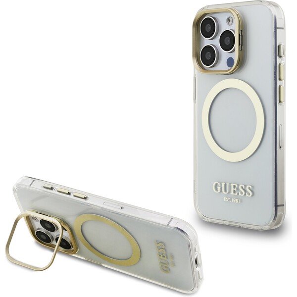 E-shop Guess IML Gold Outline Stand Camera Frame MagSafe kryt iPhone 15 Pre Max číry