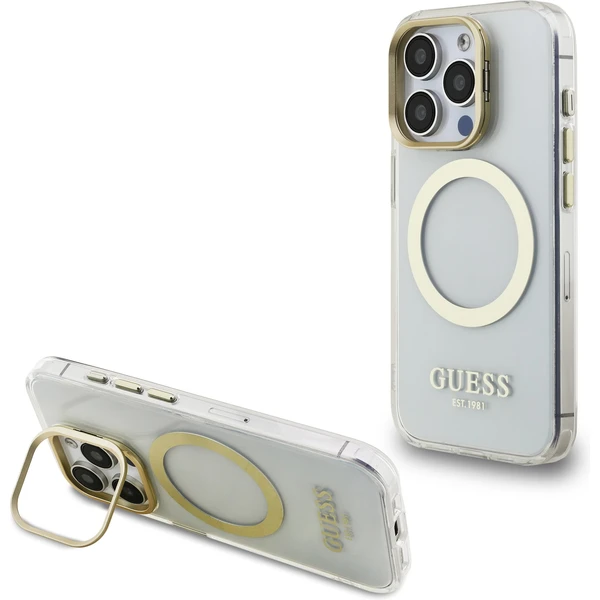 Guess IML Gold Outline Stand Camera Frame MagSafe kryt iPhone 15 Pre Max číry - Puzdra - Hlavný obrázok