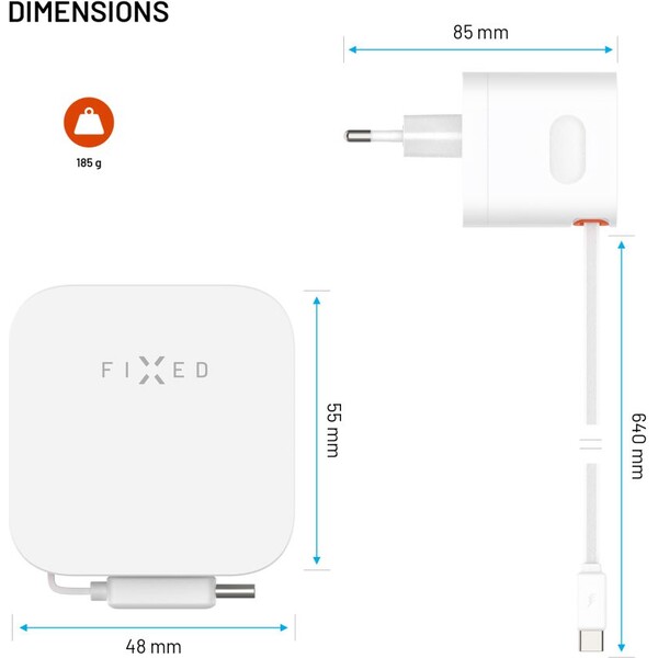 FIXED GaN nabíjačka s 2xUSB-C, PD 3.0, s automaticky navíjacím káblom, 65W, biela - Nabíjačky - Obrázok 472e7da43a88496aa0289a8c0cf3b8a3