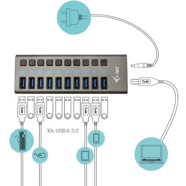 i-tec USB 3.0 Charging HUB 10 Port + Power Adaptér 48 W striebor - USB huby - Obrázok 485U200301