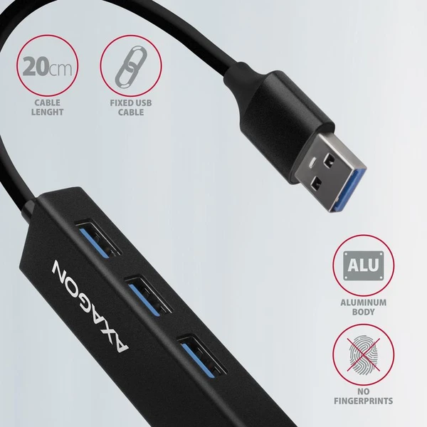 AXAGON HMAGL3A USB 3.2 Gen 1 hub porty 3x USBA + Gigabit Ethernet kovový kábel USBA 20cm - USB huby - Obrázok 487HF00101