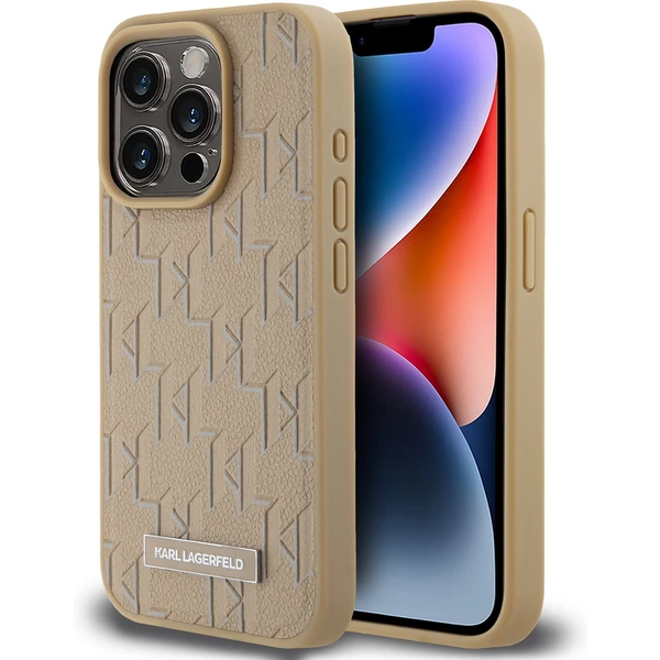 Karl Lagerfeld PU Leather Monogram Metal Logo MagSafe zadný kryt iPhone 14 Pro Max béžový - Puzdra - Hlavný obrázok