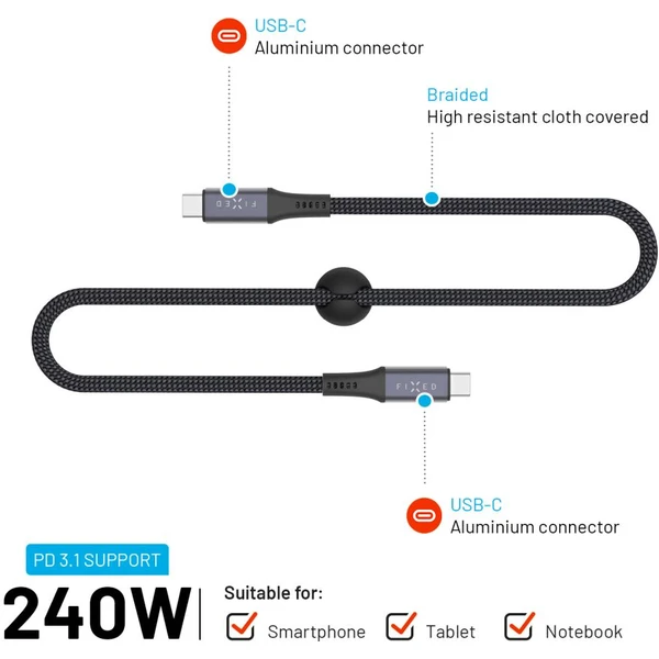 FIXED Multimediálny kábel USB-C napájací a dátový kábel 4K/60z, 20Gbps, 240W, 2m sivý - Káble a redukcie - Obrázok 4afba7a9756e4613891c0c17ec7f2b50
