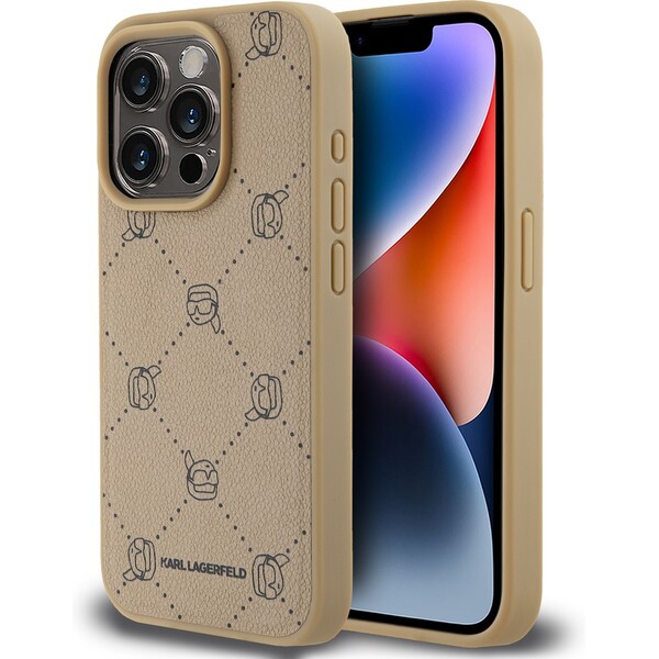 Karl Lagerfeld PU Karl Heads Pattern Magsafe Zadný Kryt pre iPhone 15 Pro Beige