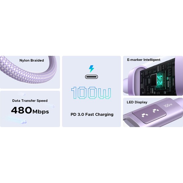 UGREEN Uno USB-C/USB-C napájací kábel 100W 2m fialový - Káble a redukcie - Obrázok 4dbef8aeae9944eaab4a35573660fe27