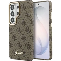 Guess PU 4G Skript Metal Logo Magnetický kryt Samsung Galaxy S26 Ultra hnedý - Puzdra