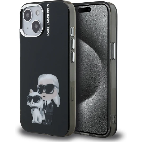 Karl Lagerfeld IML Aquarelle Karl and Choupette kryt iPhone 15 čierny - Puzdra - Hlavný obrázok
