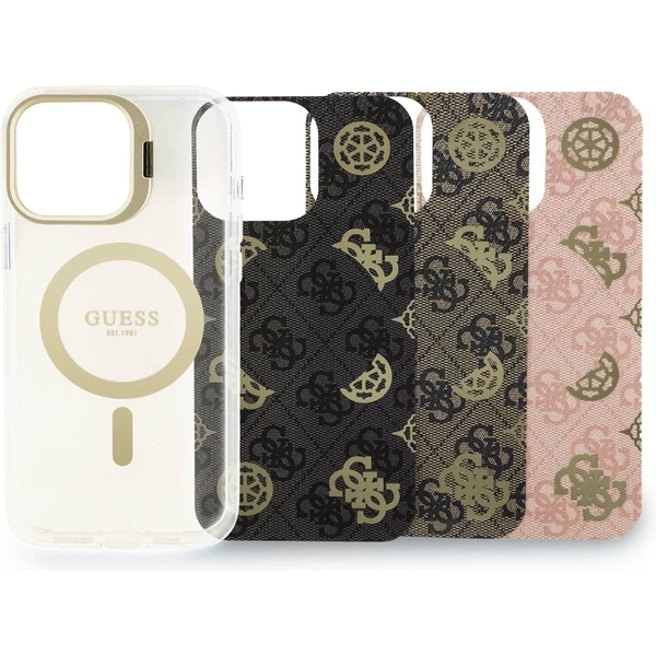 Guess PC/TPU Electroplated Stand Camera Frame MagSafe kryt s vymeniteľným pozadím iPhone 16 Pro Max  - Puzdra - Obrázok 50e7e831bc404ef29a9c3cc4e3a739da