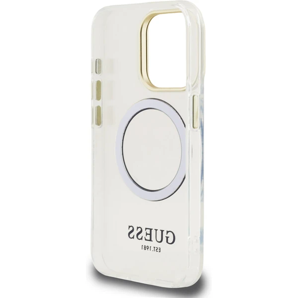 Guess IML Gold Outline Stand Camera Frame MagSafe kryt iPhone 15 Pre číry - Puzdra - Obrázok 5278516bc46d460b9300a4843a5370cd