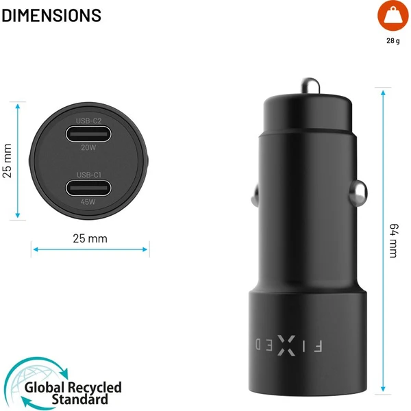 FIXED autonabíjačka s 2xUSB-C výstupom, podpora PD 3.0, 65W, čierna - Nabíjačky - Obrázok 52928b2295b54f42b3f1bcdebcb08581