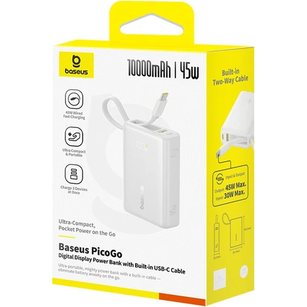Powerbanka Baseus PicoGo 10000mAh 45W s digitálnym displejom a káblom USB-C biela - Powerbanky - Obrázok 55AE000N01