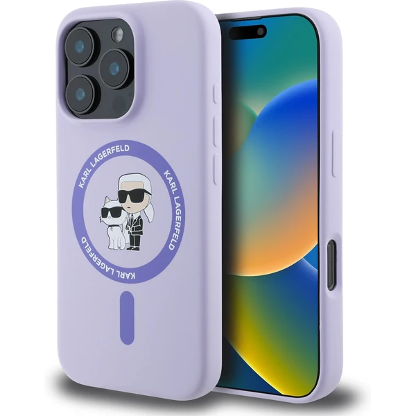 Karl Lagerfeld Liquid Silicone Karl a Choupette MagSafe kryt iPhone 16 Pro fialový - Puzdra - Hlavný obrázok