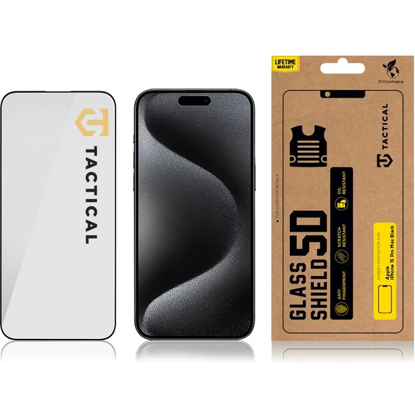 Tactical Glass Shield 5D sklo pre Apple iPhone 15 Pro Max čierne - Ochranné fólie a sklo - Obrázok 56S5000701
