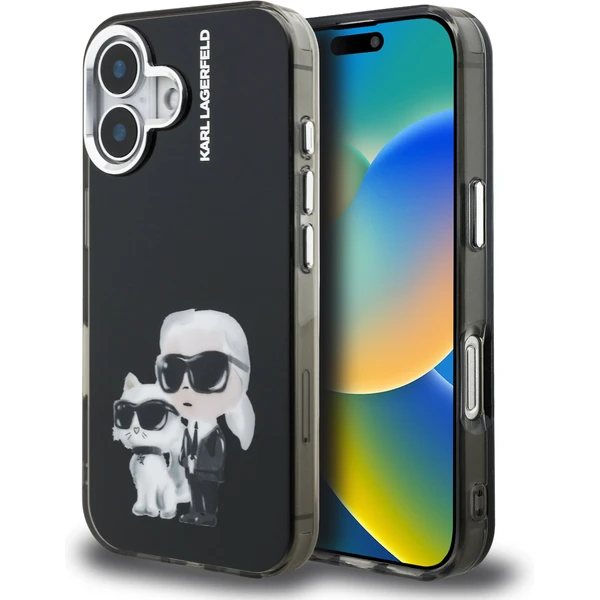 Karl Lagerfeld IML Aquarelle Karl and Choupette kryt iPhone 16 čierny - Puzdra - Hlavný obrázok