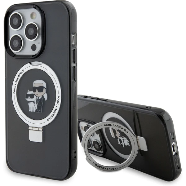 Karl Lagerfeld Ringstand Karl a Choupette MagSafe kryt iPhone 15 Pre čierny - Puzdra - Hlavný obrázok