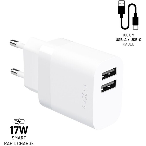 FIXED nabíjačka s USB-A/USB-C káblom, 1 m, 17W, biela