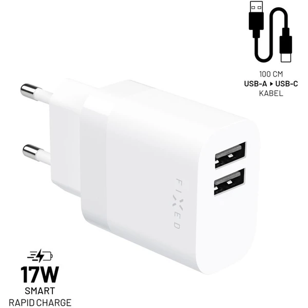 FIXED nabíjačka s USB-A/USB-C káblom, 1 m, 17W, biela - Nabíjačky - Hlavný obrázok
