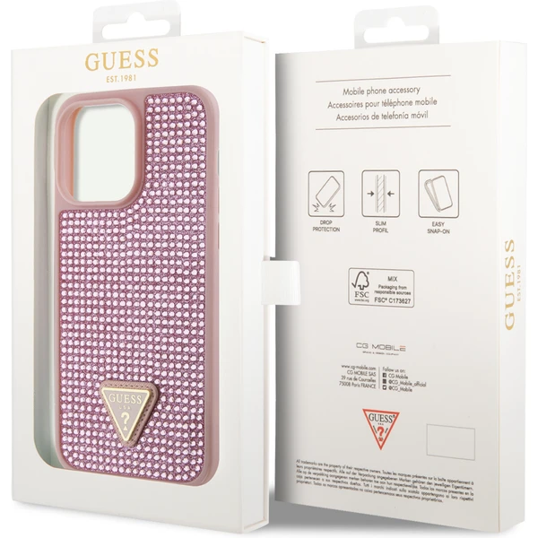 Guess Rhinestones Trojuholníkový kovový kryt loga pre iPhone 15 Pro Max ružový - Puzdra - Obrázok 5892000N01