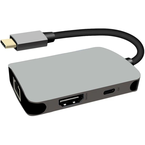 PremiumCord USB-C na HDMI + RJ45 + PD Hub sivý - Dokovacie stanice - Hlavný obrázok