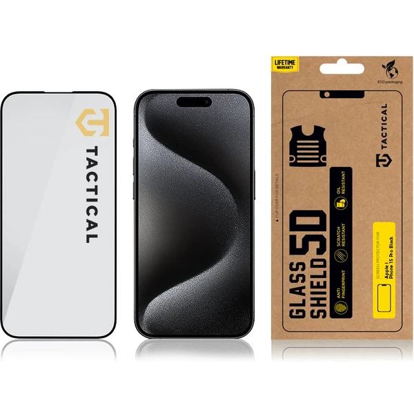Tactical Glass Shield 5D sklo pre Apple iPhone 15 Pro čierne - Ochranné fólie a sklo - Obrázok 58S5000701