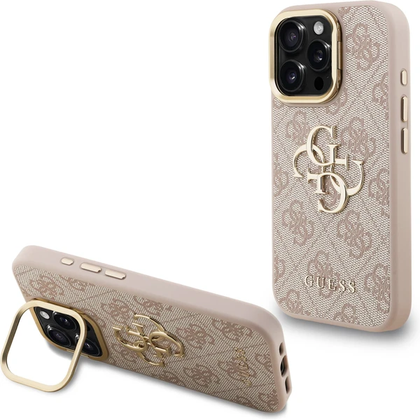 Guess PU 4G Metal Logo Stand Camera Frame kryt iPhone 15 Pre ružový - Puzdra - Hlavný obrázok