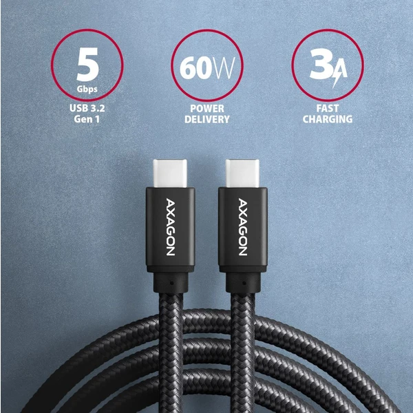 AXAGON USB-C/USB-C napájací kábel 60W 1m čierny - Káble a redukcie - Obrázok 5ED0700301