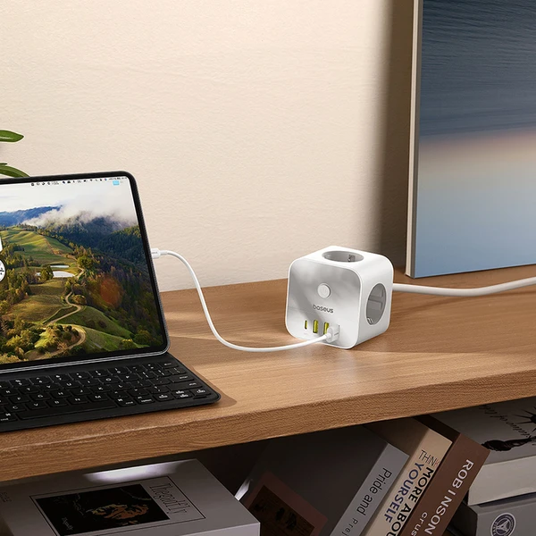 Predlžovací kábel Baseus PowerCombo Cube 3x zásuvka + 3x USB + 1x USB-C 20W 1.5m biely - Nabíjačky - Obrázok 5FGE000L01