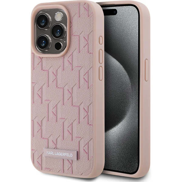 Karl Lagerfeld PU Leather Monogram Metal Logo Magsafe zadný kryt iPhone 15 Pro Max ružový - Puzdra - Hlavný obrázok