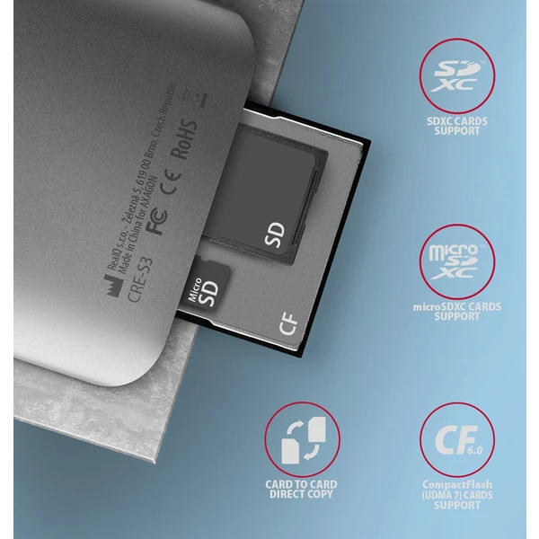 AXAGON CRE-S3 čítačka kariet USB-A sivá - Čítačky pamäťových kariet - Obrázok 5MS6000701