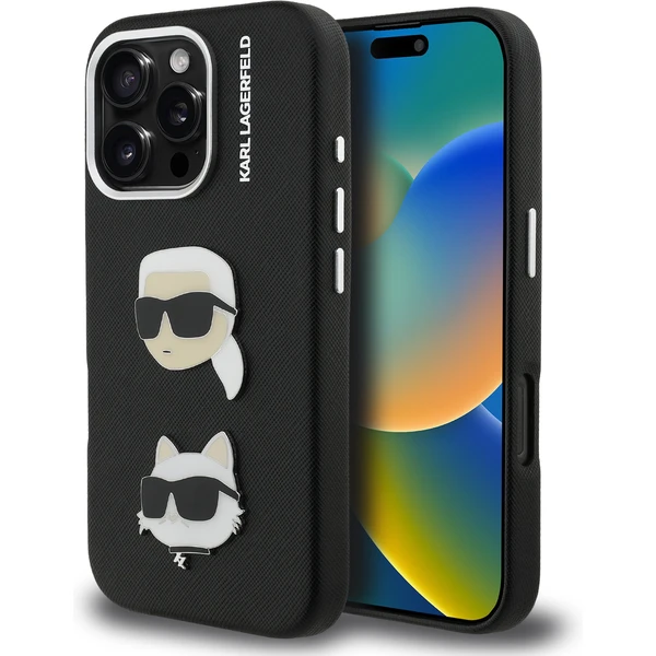 Karl Lagerfeld Grained PU K&CH Heads kryt iPhone 16 Pre čierny - Puzdra - Hlavný obrázok