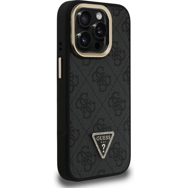 Guess PU 4G Strass Triangle Logo Stand Camera Frame MagSafe kryt iPhone 15 Pro Max čierny - Puzdra - Obrázok 5a61cd96327b48c48215de9da7cf3a3f