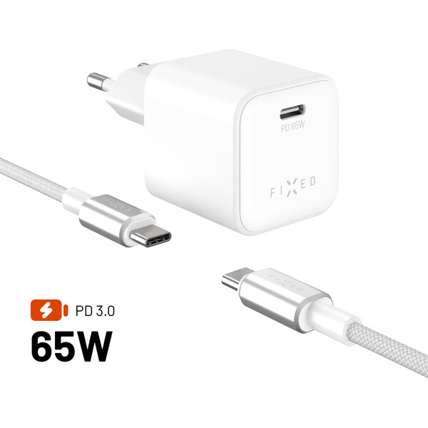 FIXED Mini set sieťovej GaN nabíjačky s USB-C výstupom a USB-C/USB-C káblom, PD, 65W, (2m) biely - Nabíjačky - Hlavný obrázok