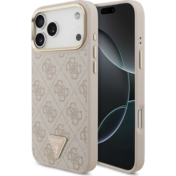 Guess PU Leather 4G Strass Triangle Logo Gold Frame MagSafe Zadný Kryt pre iPhone 18 Pro Max Pink - Puzdra - Hlavný obrázok