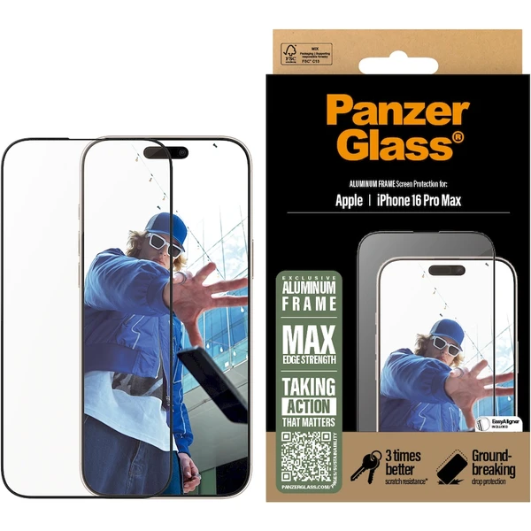 PanzerGlass® Aluminum Ultra-Wide Fit sklo Apple iPhone 16 Pro Max s inštalačným rámčekom - Ochranné fólie a sklo - Obrázok 6008000P01