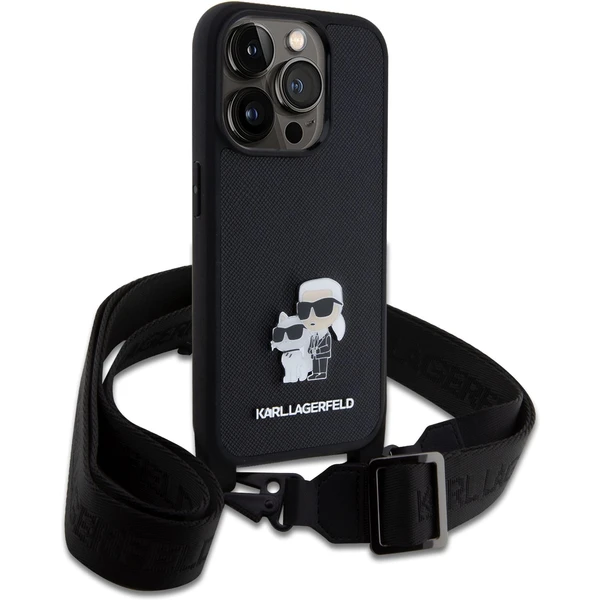 Karl Lagerfeld Saffiano Crossbody Metal Karl and Choupette kryt iPhone 15 Pro čierny - Puzdra - Obrázok 60J8000601