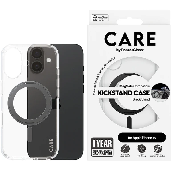 PanzerGlass® CARE kryt Apple iPhone 16 MagSafe KickStand číry/čierny - Puzdra - Obrázok 6108000P01
