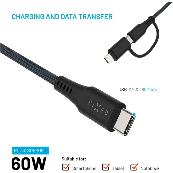 FIXED nabíjací kábel s USB-C/USB-C a Lightning, 3m, MFi, PD 60W, sivý - Káble - Obrázok 613afbcaf5424a55a91839e88c7b6f68