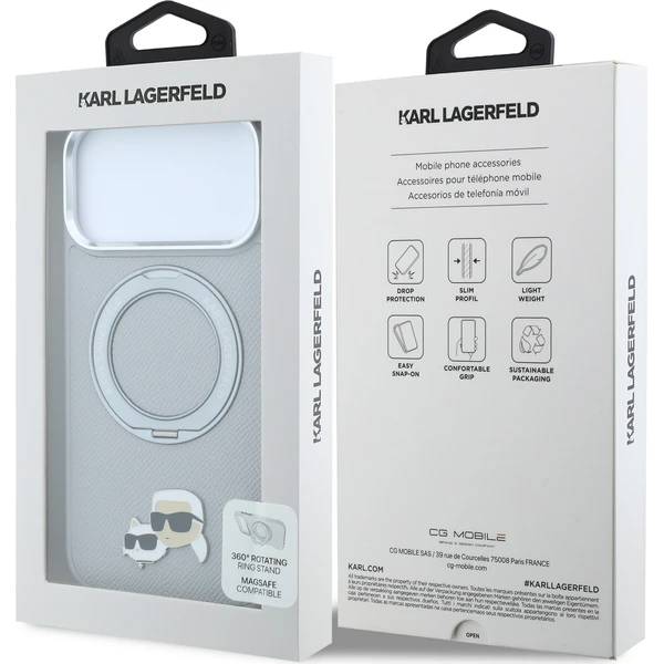 Karl Lagerfeld PU Grained K&CH Heads Ring Stand Magsafe kryt iPhone 18 Pro šedý - Puzdra - Obrázok 6198095d34ce4aa39bf5ffd62d3e09f4