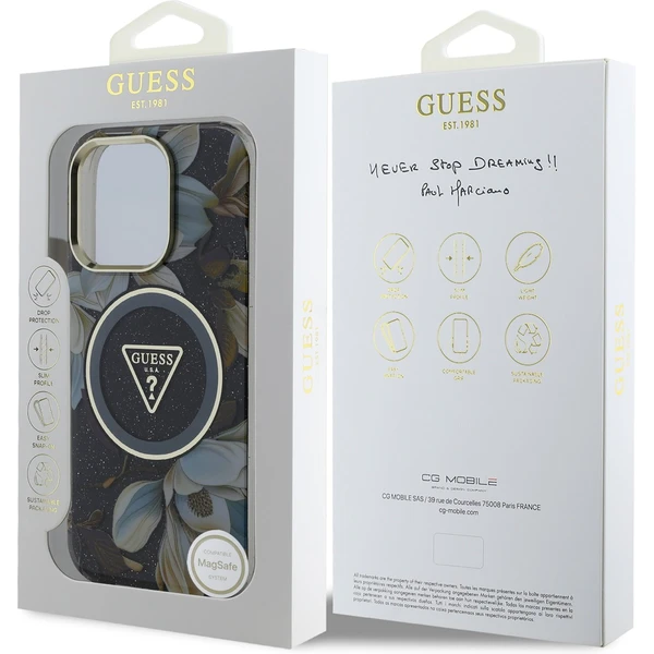 Guess IML Glitter Magnolia a Triangle Logo MagSafe kryt iPhone 16 Pro Max čierny - Puzdra - Obrázok 6213c2ab94544e4db03b8ea2ea442963