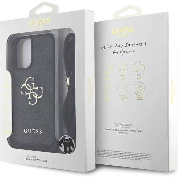 Guess PU 4G Metal Logo Crossbody popruh kryt iPhone 16 čierny - Puzdra - Obrázok 623eeef81c454716ac2eb030b67216ba