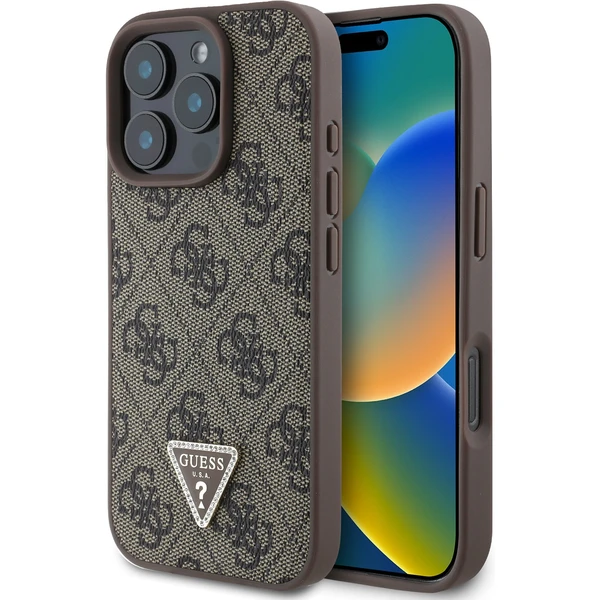 Guess PU 4G Strass Triangle Metal Logo kryt pre iPhone 16 Pro Max hnedý - Puzdra - Hlavný obrázok