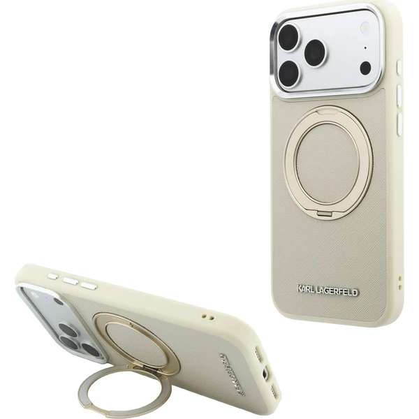 Karl Lagerfeld PU Saffiano Ring Stand MagSafe kryt iPhone 18 Pro Max béžový - Puzdra - Hlavný obrázok
