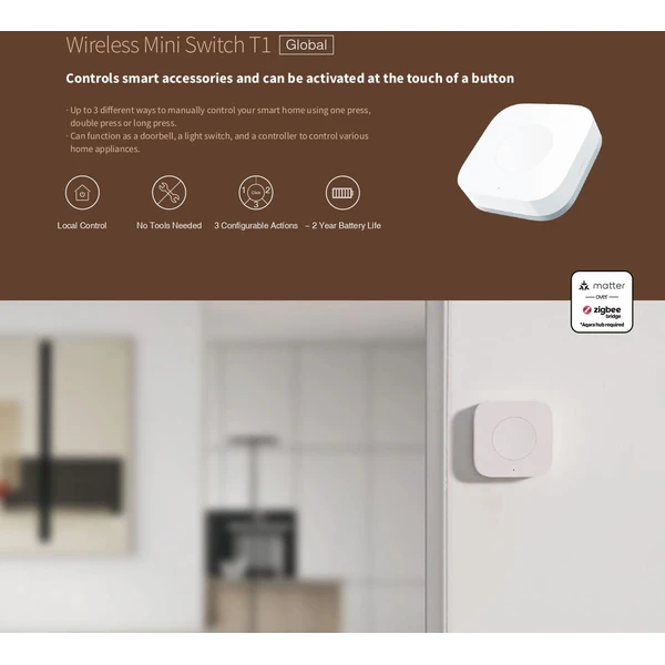AQARA Wireless Mini Switch T1 - Zigbee 3.0 diaľkový ovládač biely - Ovládače - Obrázok 64U3000O01