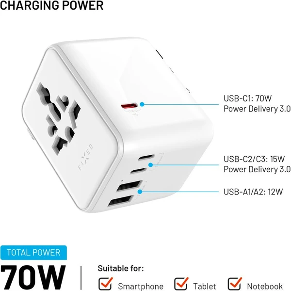 FIXED Voyager (70W) cestovný adaptér pre EU/UK/USA/AUS, 3xUSB-C a 2xUSB, GaN, PD biely - Nabíjačky - Obrázok 65094f13ff0d476b8498703e451919cd