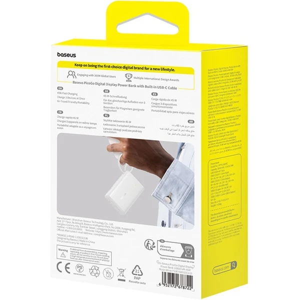 Powerbanka Baseus PicoGo 10000mAh 45W s digitálnym displejom a káblom USB-C biela - Powerbanky - Obrázok 65AE000N01