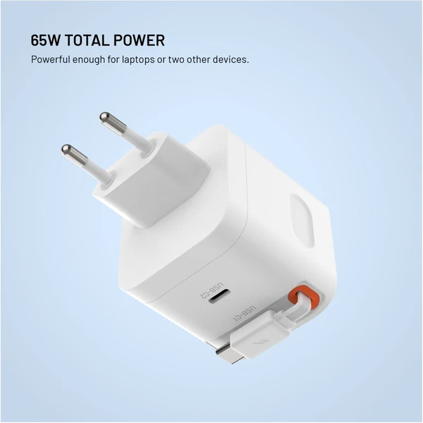 FIXED GaN nabíjačka s 2xUSB-C, PD 3.0, s automaticky navíjacím káblom, 65W, biela - Nabíjačky - Obrázok 673840c878ce497a9a4368fd42198968