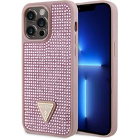 Guess Rhinestones Trojuholníkový kovový kryt loga pre iPhone 15 Pro Max ružový - Puzdra
